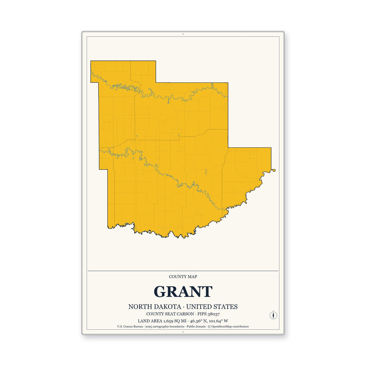 Grant County, North Dakota Map Aluminum Sign in Citrine Modern style