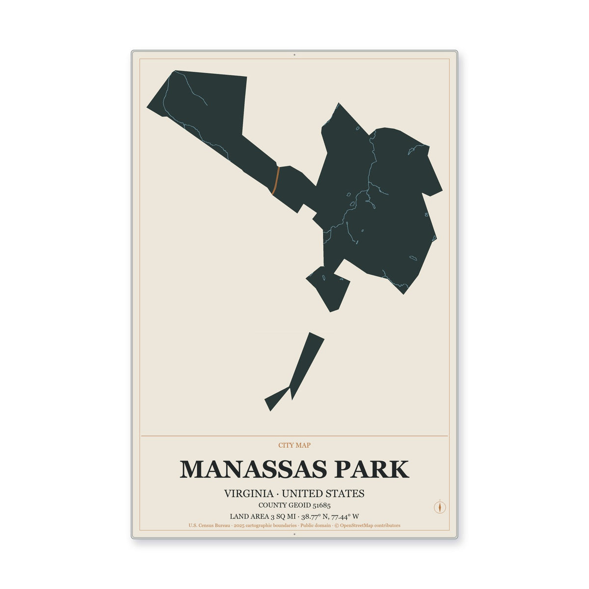 Manassas Park city, Virginia Map Aluminum Sign in Headline Atlas style