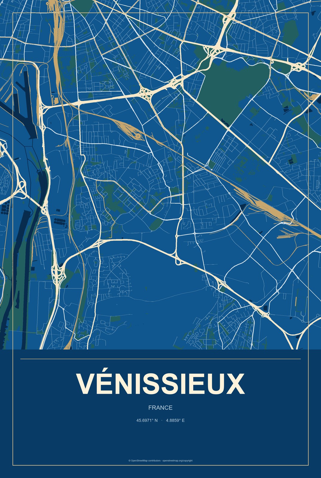 Vénissieux, France City Map Aluminum Sign in Harbor Cobalt style