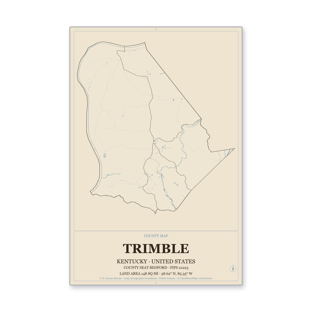 Trimble County, Kentucky Map Aluminum Sign in Heritage Nautical style