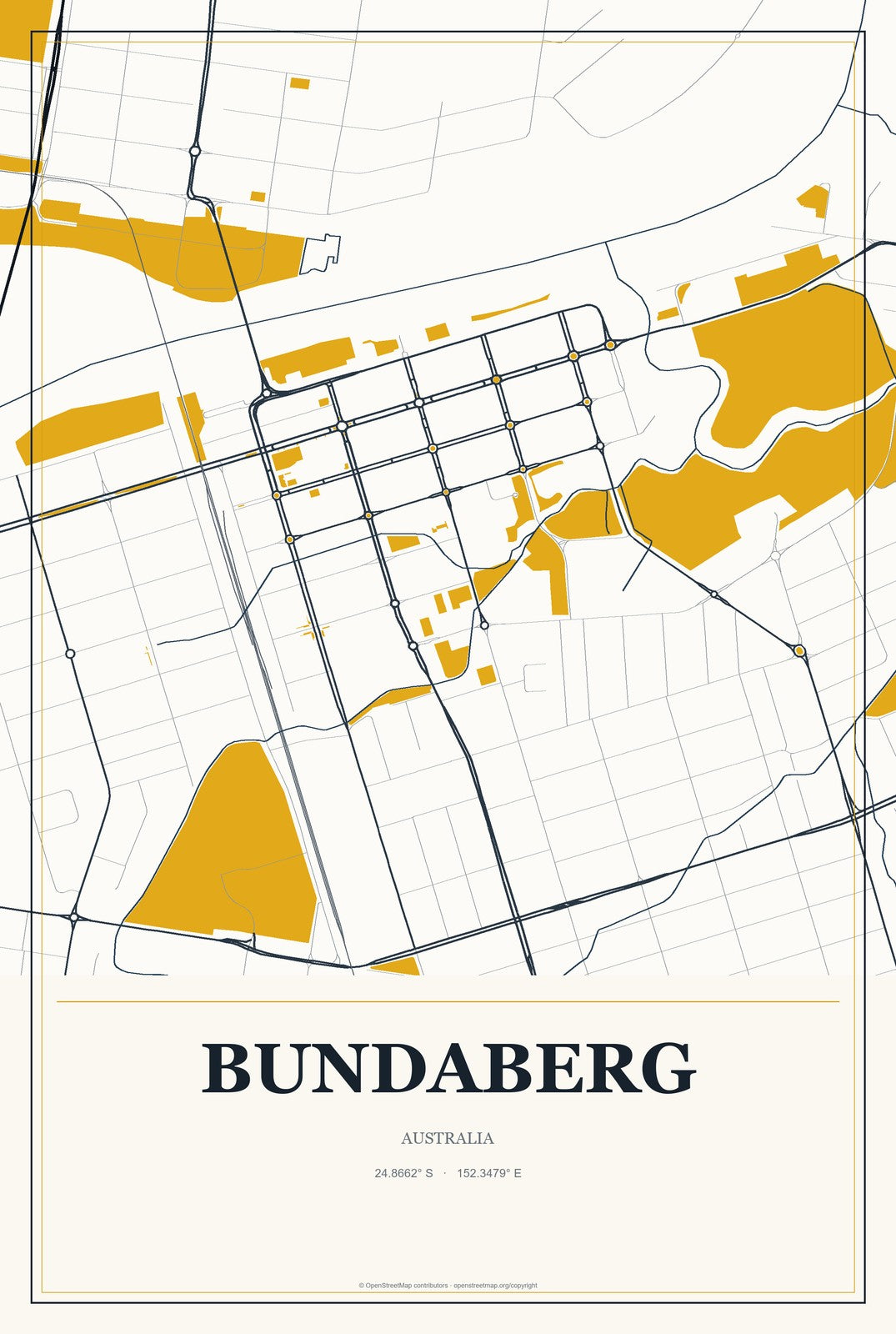 Bundaberg, Australia City Map Aluminum Sign in Citrine Modern style