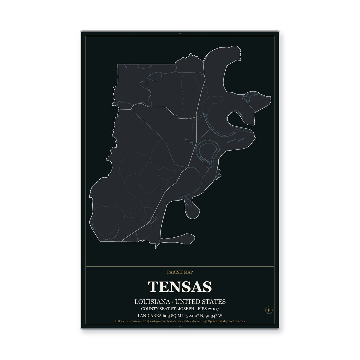 Tensas Parish, Louisiana Map Aluminum Sign in Metropolitan Noir style