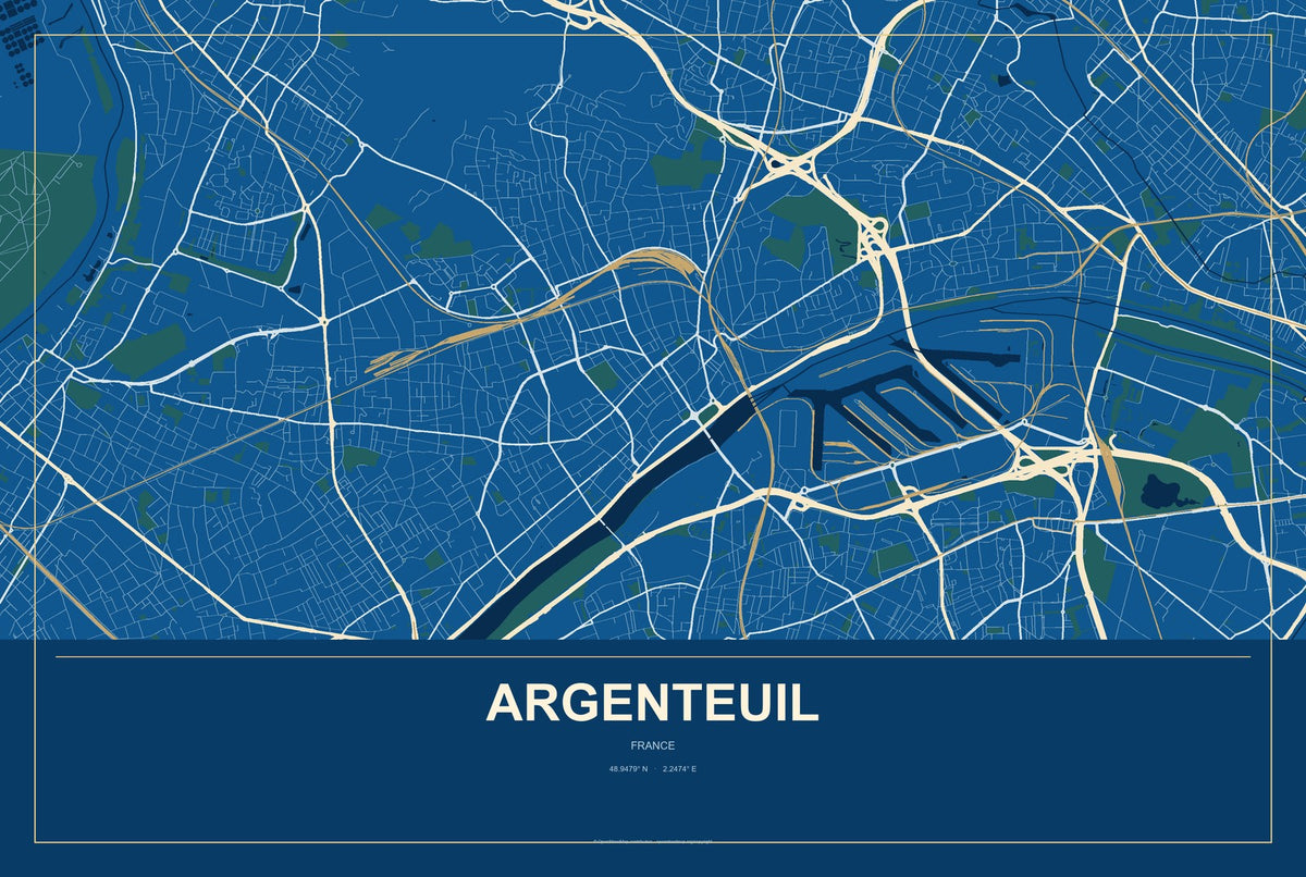 Argenteuil, France City Map Aluminum Sign in Harbor Cobalt style