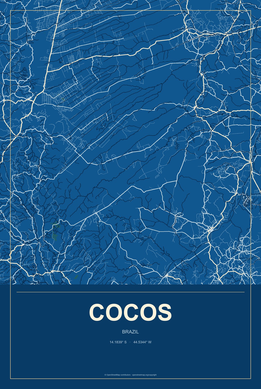 Cocos, Brazil City Map Aluminum Sign in Harbor Cobalt style