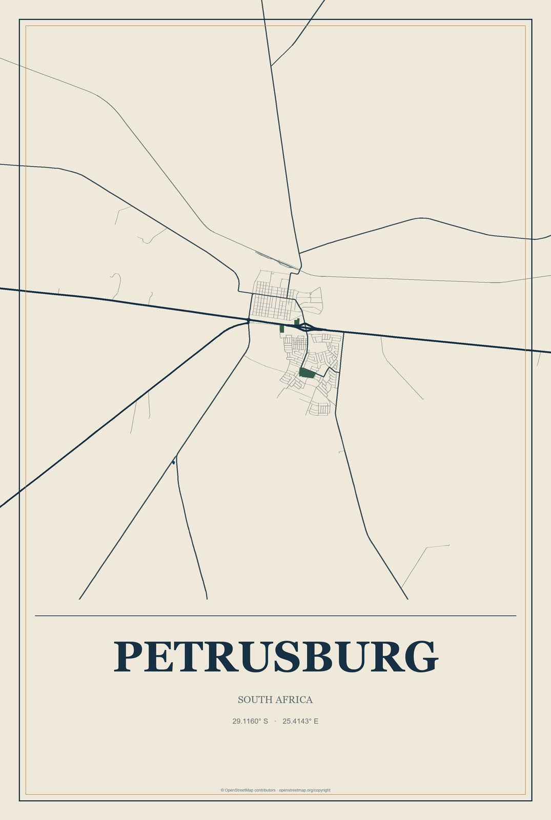 Petrusburg, South Africa City Map Aluminum Sign in Coastal Cutout style