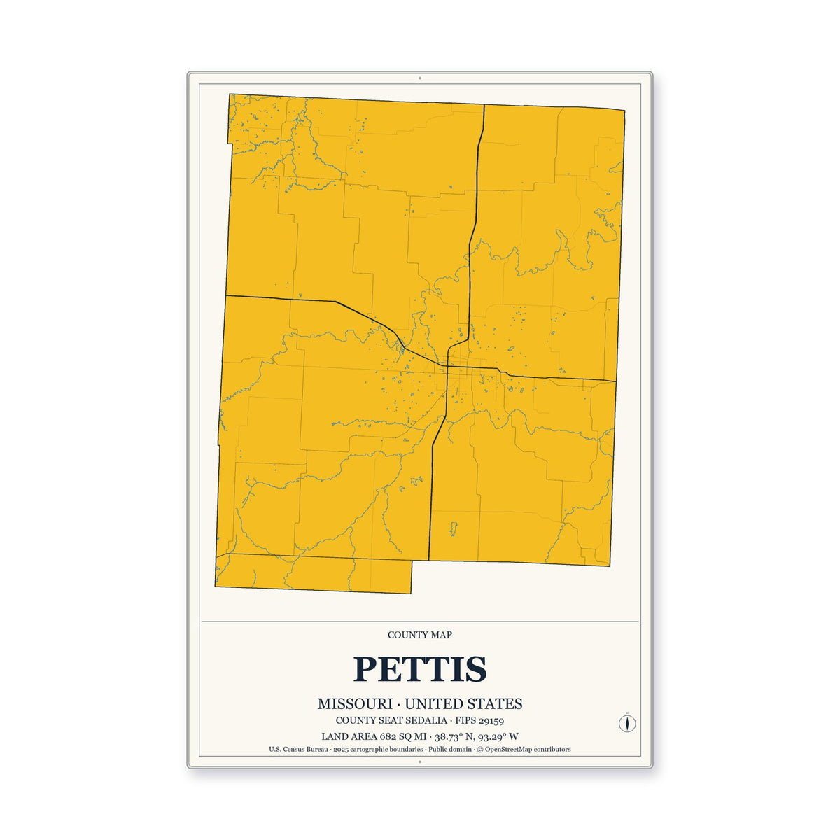 Pettis County, Missouri Map Aluminum Sign in Citrine Modern style