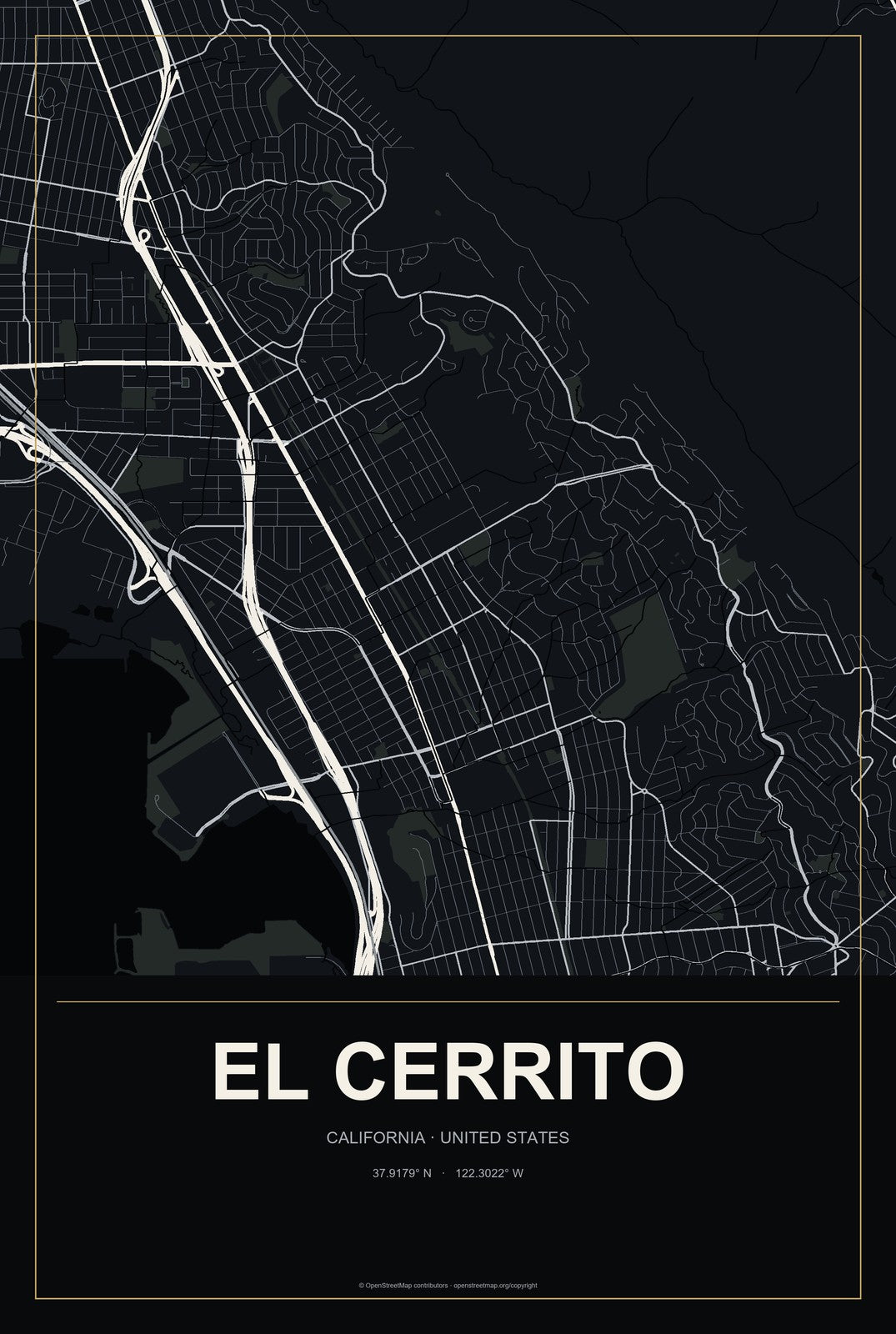 El Cerrito, California City Map Aluminum Sign in Metropolitan Noir style