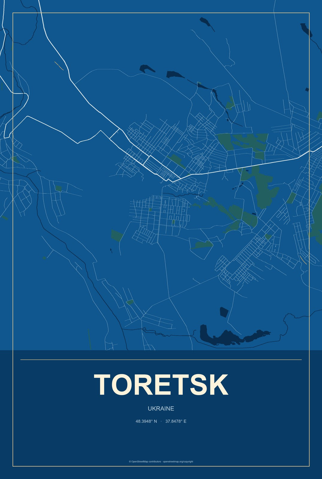 Toretsk, Ukraine City Map Aluminum Sign in Harbor Cobalt style