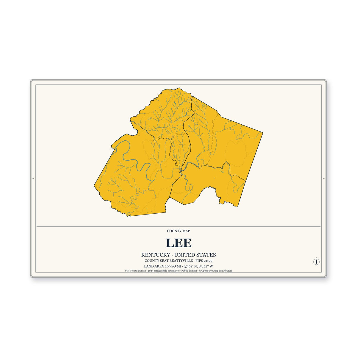 Lee County, Kentucky Map Aluminum Sign in Citrine Modern style