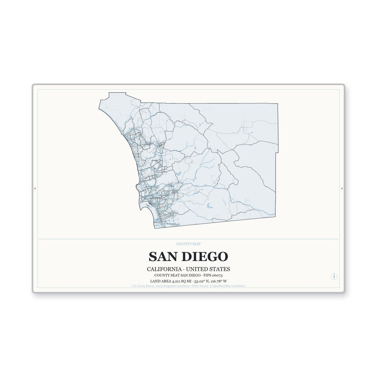San Diego County, California Map Aluminum Sign in Gallery Air style