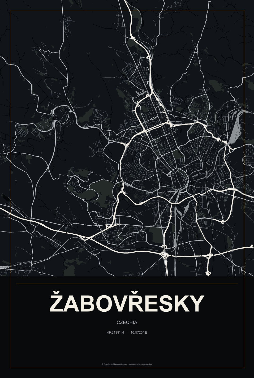 Žabovřesky, Czechia City Map Aluminum Sign in Metropolitan Noir style
