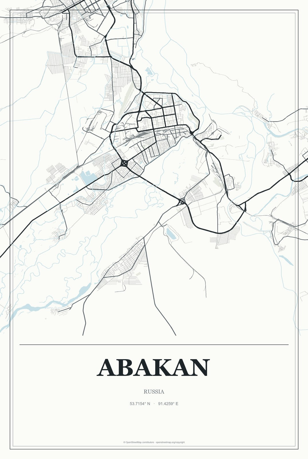 Abakan, Russia City Map Aluminum Sign in Gallery Air style