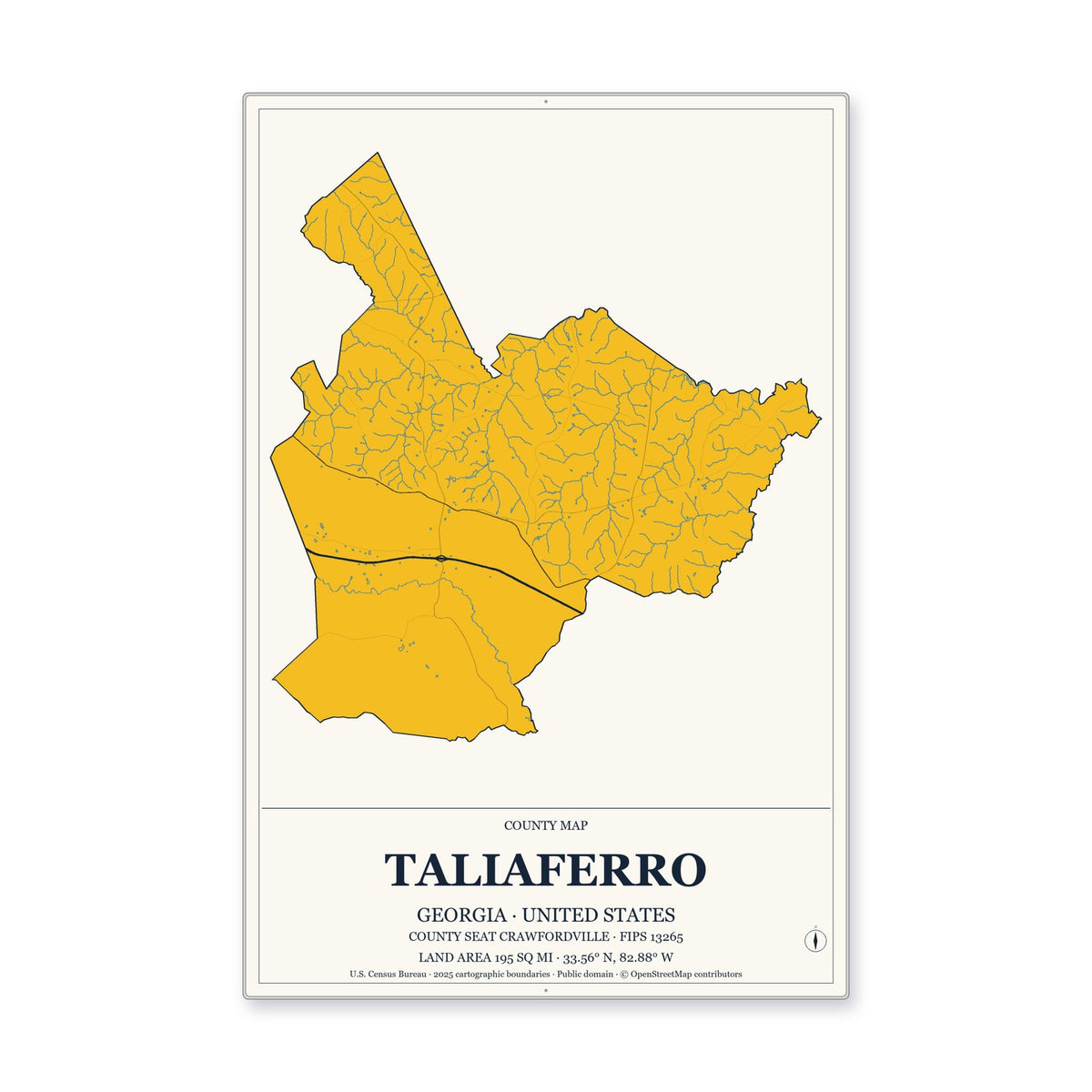 Taliaferro County, Georgia Map Aluminum Sign in Citrine Modern style
