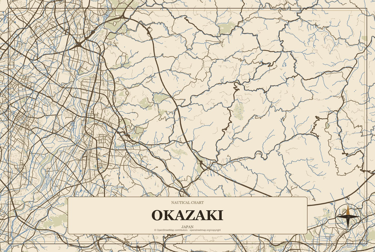 Okazaki, Japan City Map Aluminum Sign in Heritage Nautical style