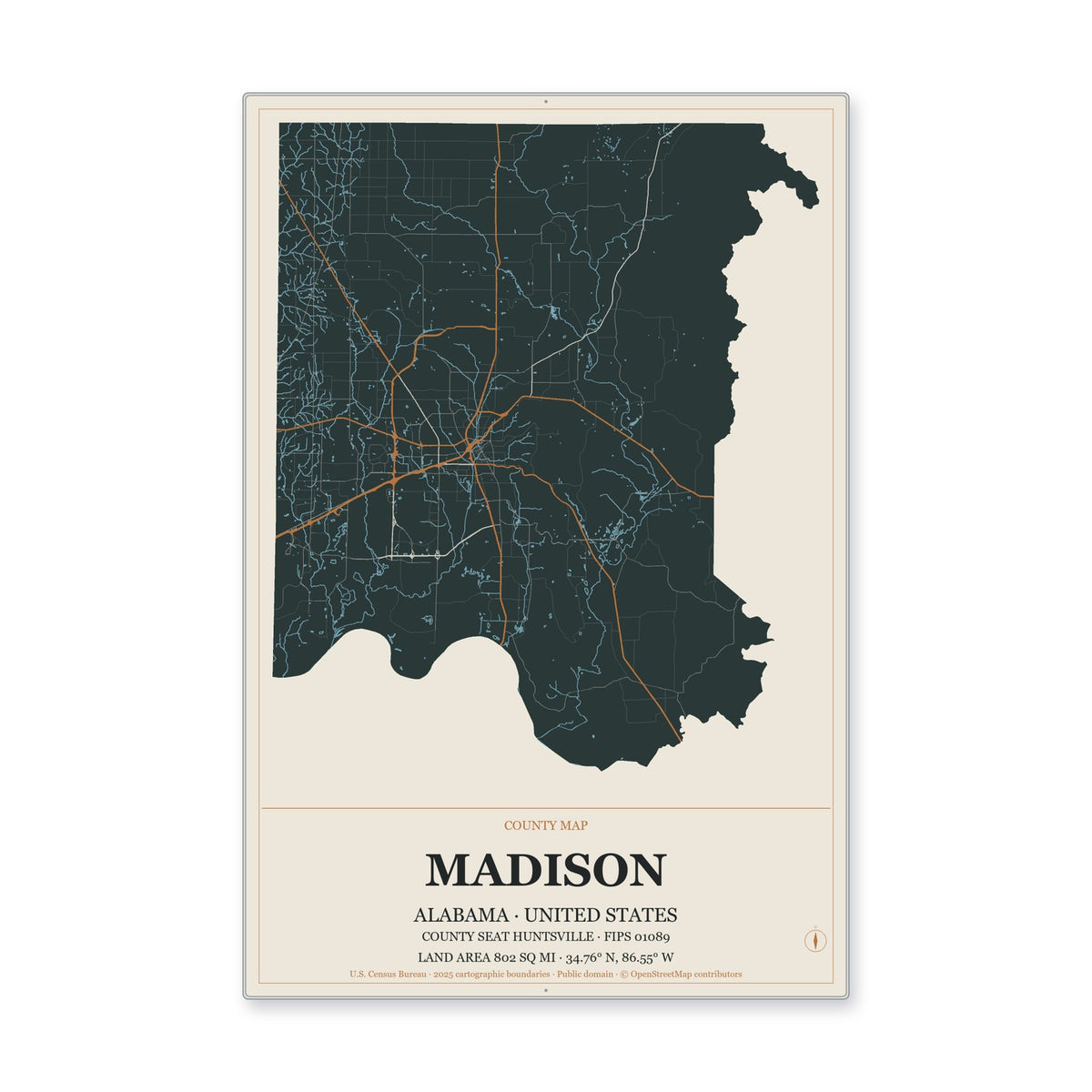 Madison County, Alabama Map Aluminum Sign in Headline Atlas style
