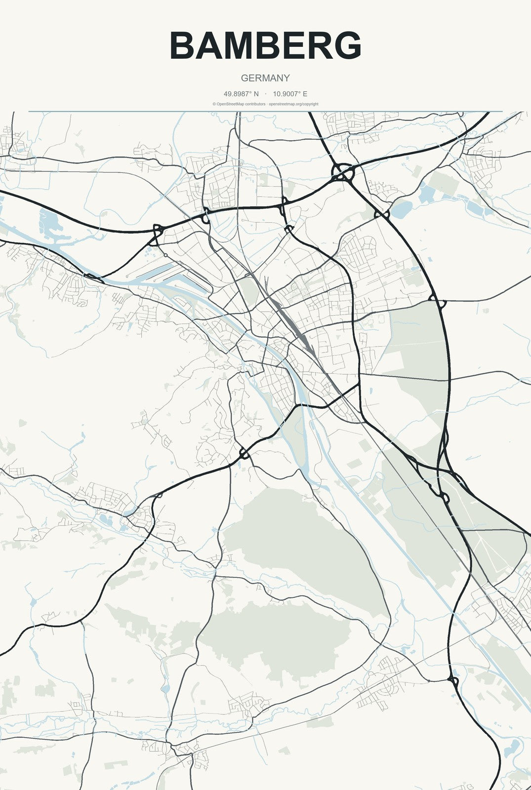 Bamberg, Germany City Map Aluminum Sign in Headline Atlas style