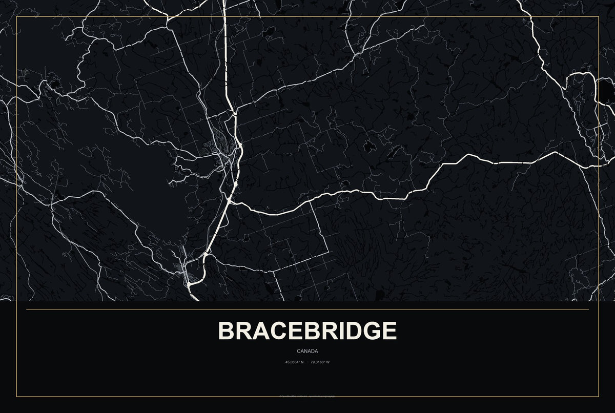 Bracebridge, Canada City Map Aluminum Sign in Metropolitan Noir style