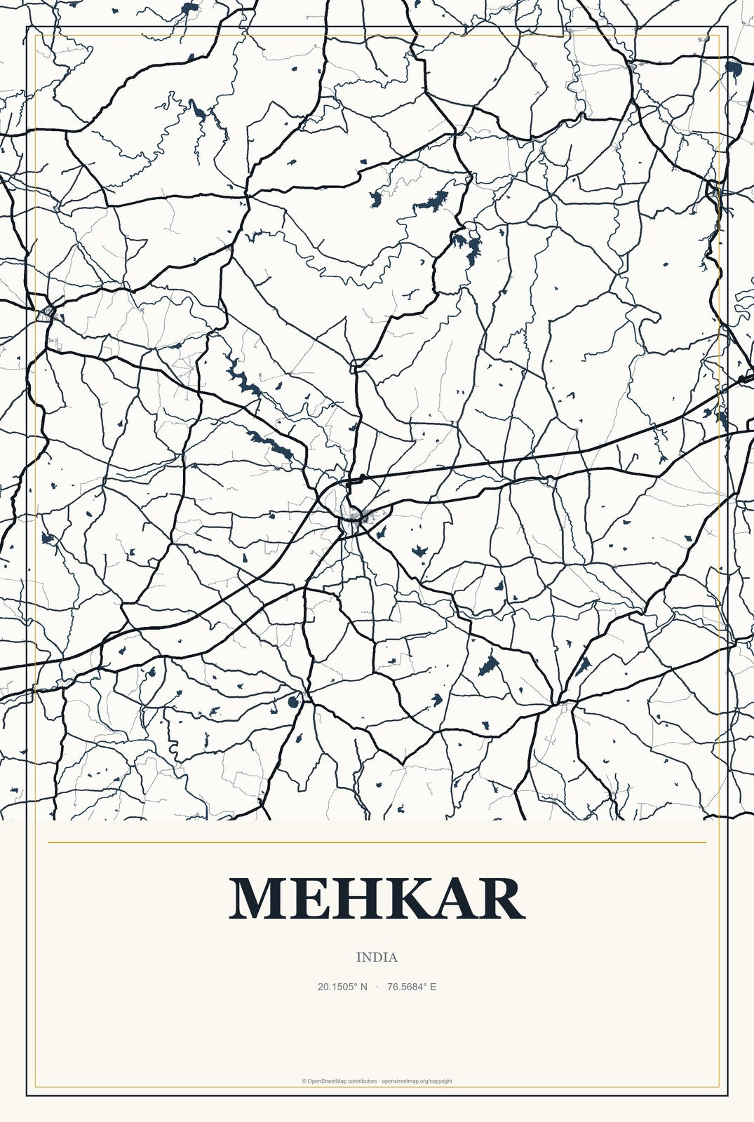 Mehkar, India City Map Aluminum Sign in Citrine Modern style