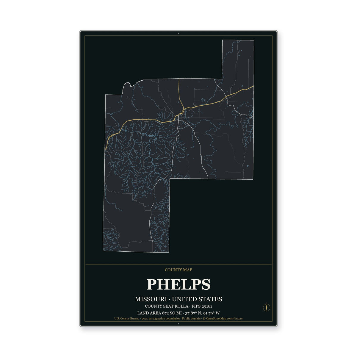 Phelps County, Missouri Map Aluminum Sign in Metropolitan Noir style