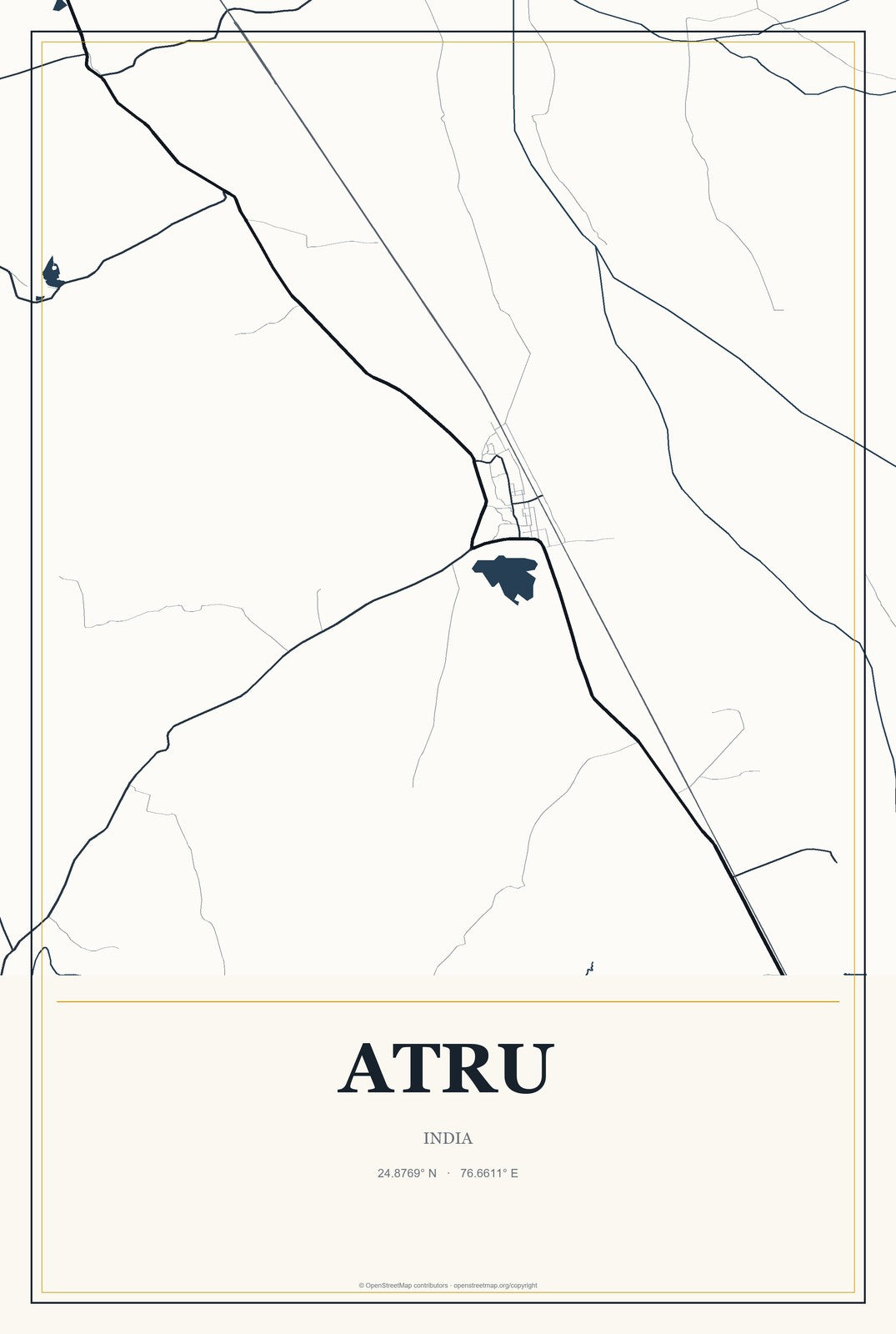 Atru, India City Map Aluminum Sign in Citrine Modern style