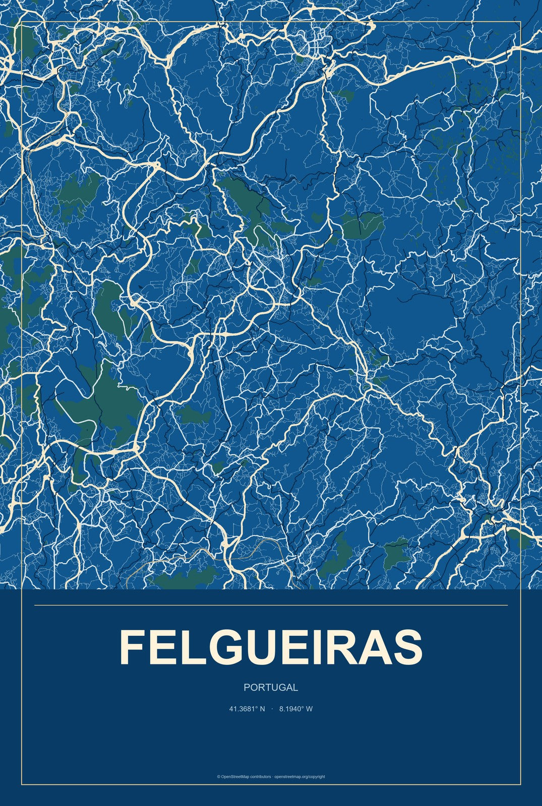 Felgueiras, Portugal City Map Aluminum Sign in Harbor Cobalt style