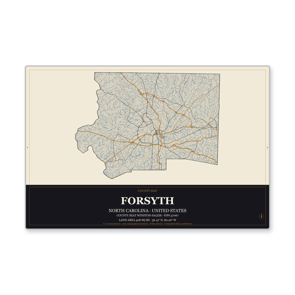 Forsyth County, North Carolina Map Aluminum Sign in Museum Plaque style