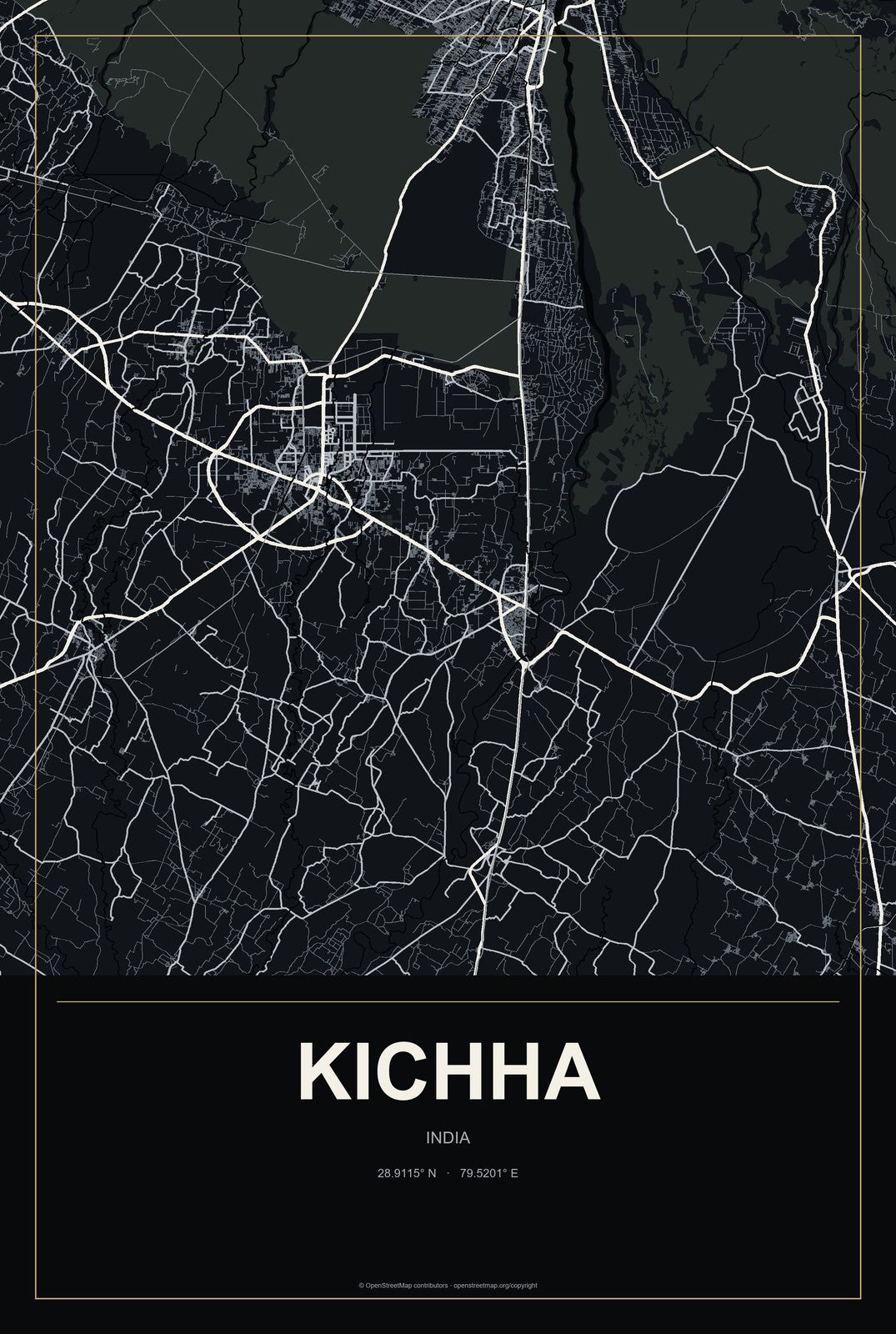 Kichha, India City Map Aluminum Sign in Metropolitan Noir style