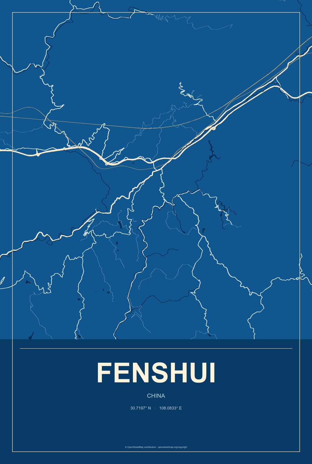 Fenshui, China City Map Aluminum Sign in Harbor Cobalt style