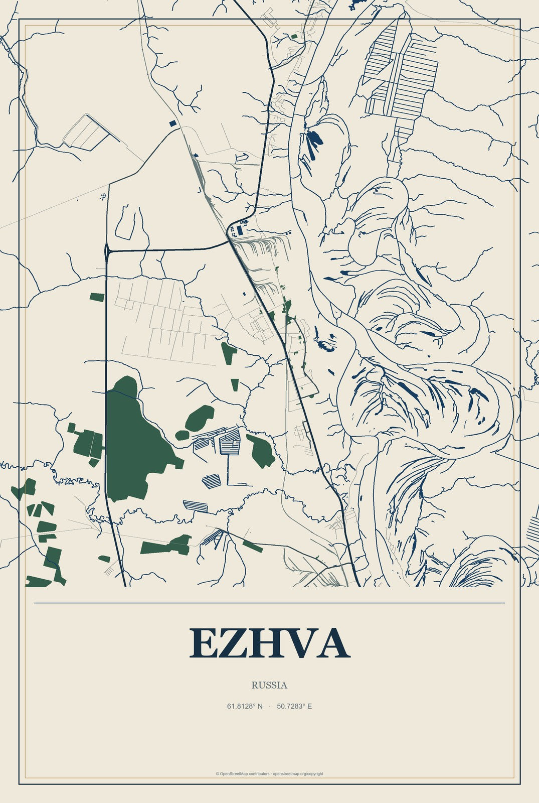 Ezhva, Russia City Map Aluminum Sign in Coastal Cutout style