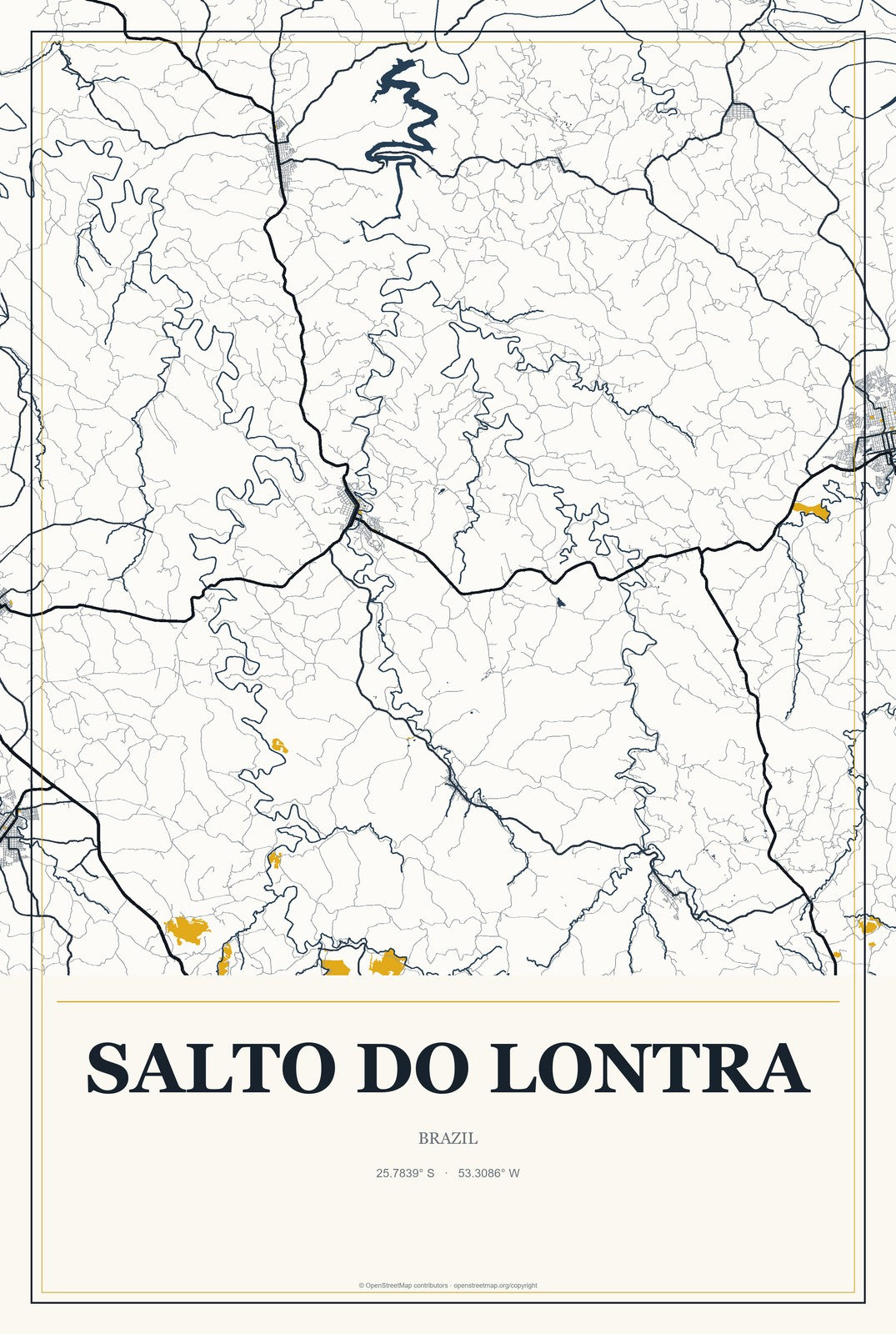 Salto do Lontra, Brazil City Map Aluminum Sign in Citrine Modern style