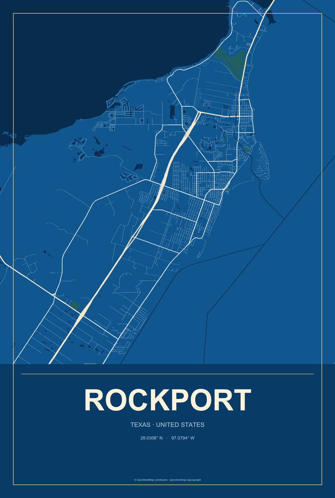 Rockport, Texas City Map Aluminum Sign in Harbor Cobalt style