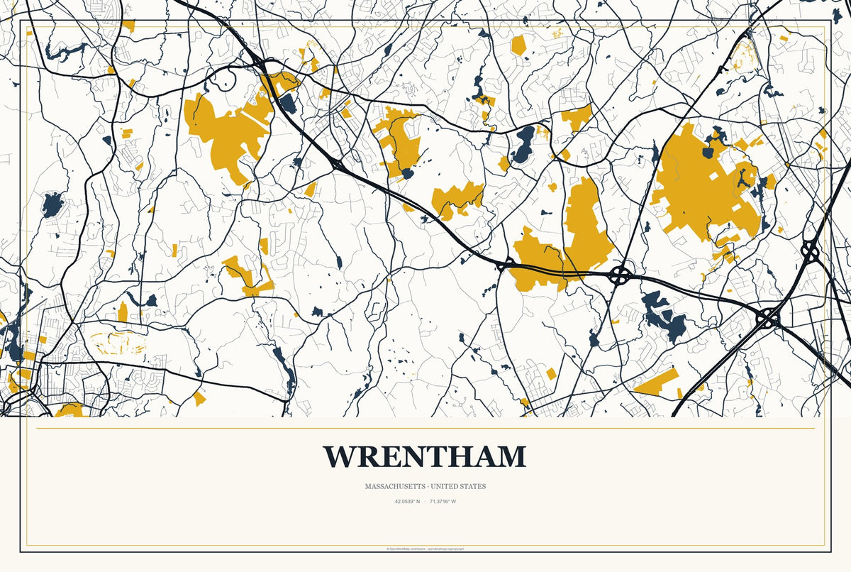 Wrentham, Massachusetts City Map Aluminum Sign in Citrine Modern style