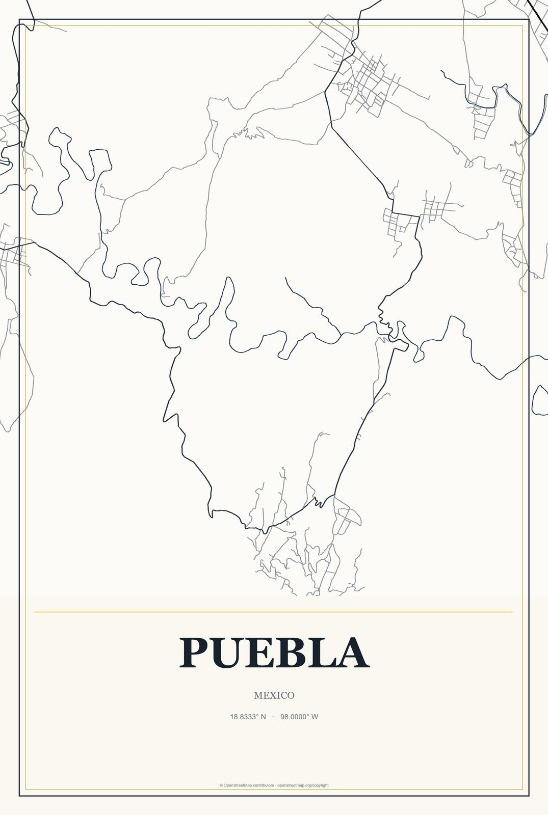 Puebla, Mexico City Map Aluminum Sign in Citrine Modern style