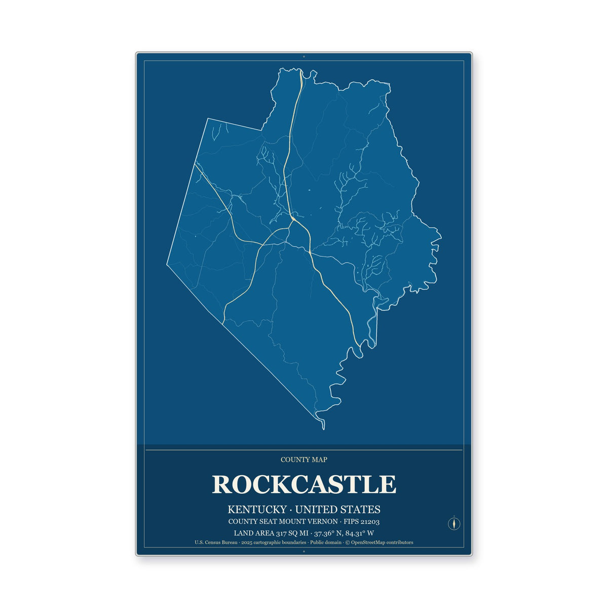 Rockcastle County, Kentucky Map Aluminum Sign in Harbor Cobalt style