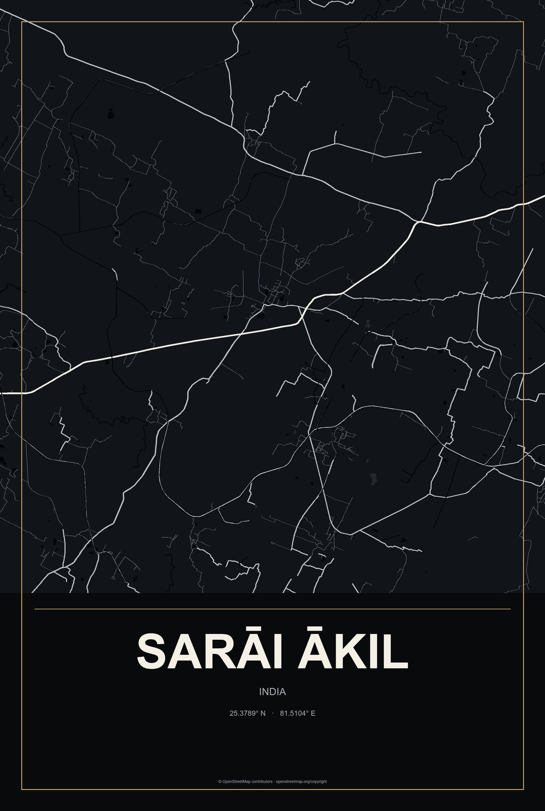 Sarāi Ākil, India City Map Aluminum Sign in Metropolitan Noir style