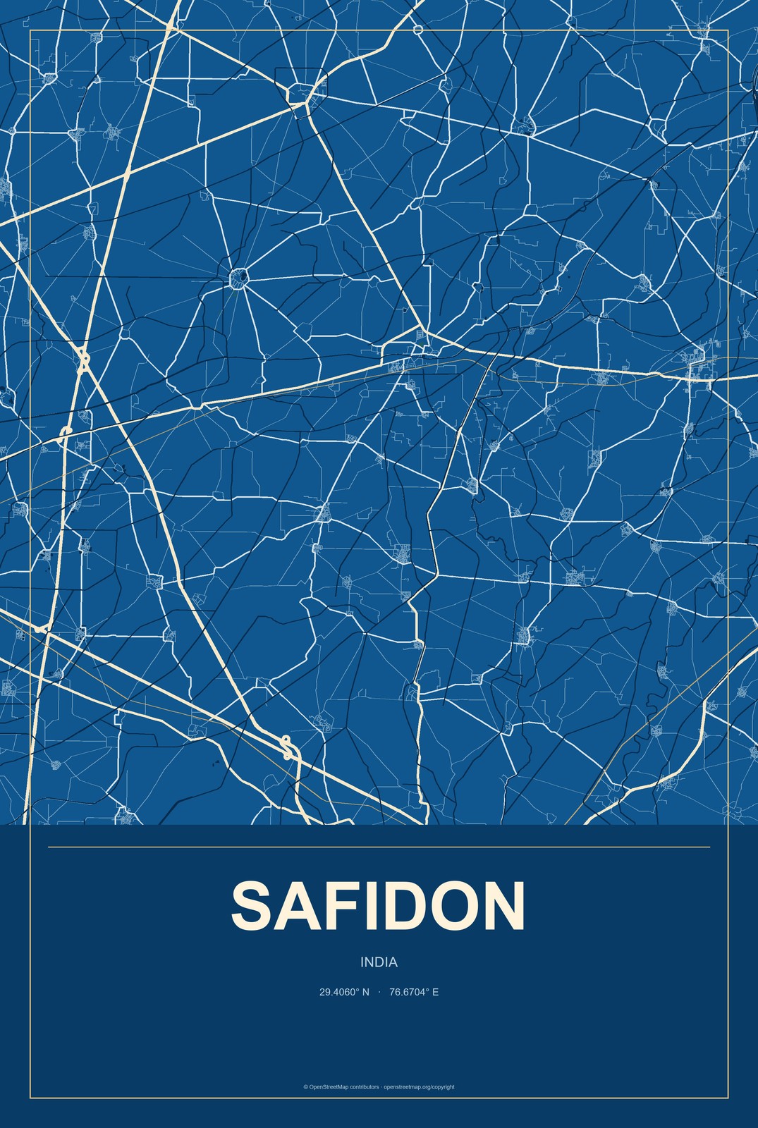 Safidon, India City Map Aluminum Sign in Harbor Cobalt style