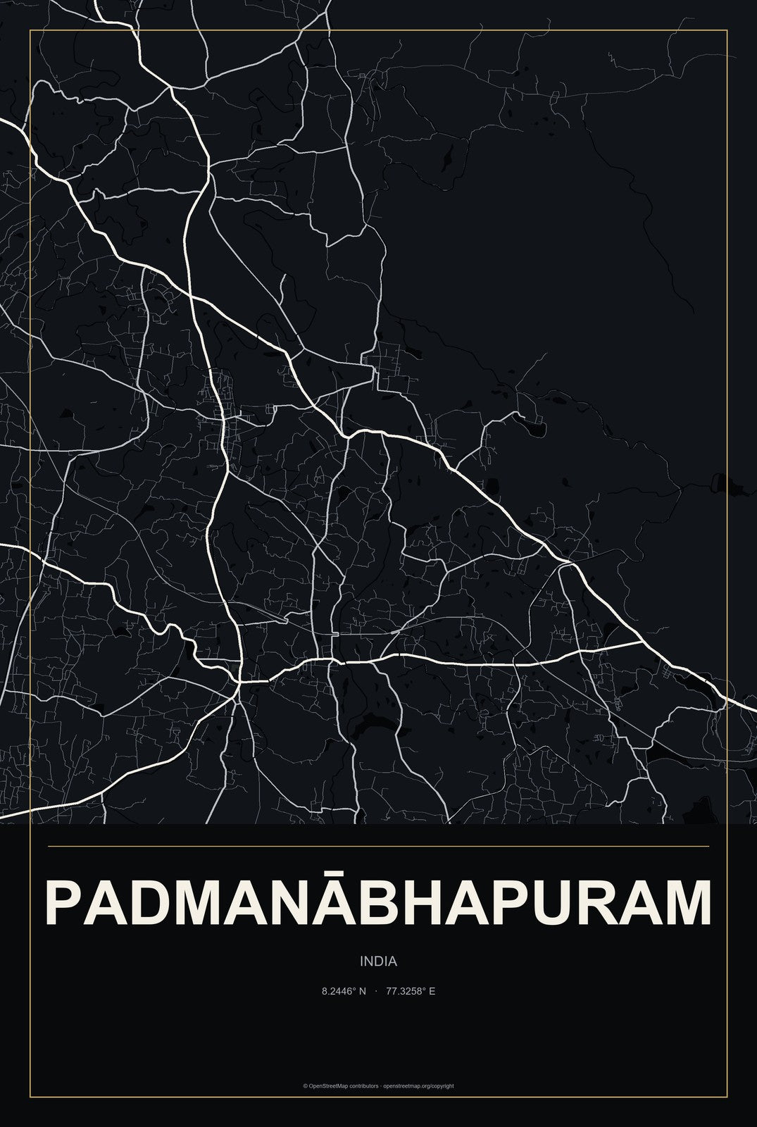 Padmanābhapuram, India City Map Aluminum Sign in Metropolitan Noir style