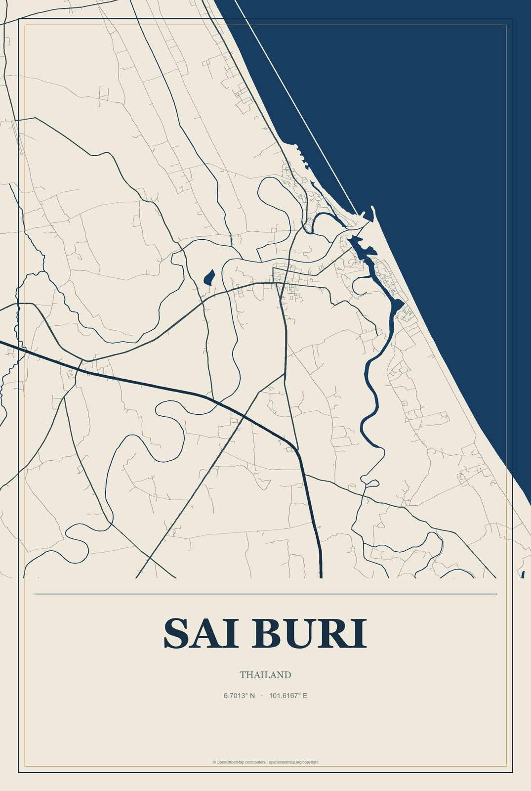 Sai Buri, Thailand City Map Aluminum Sign in Coastal Cutout style