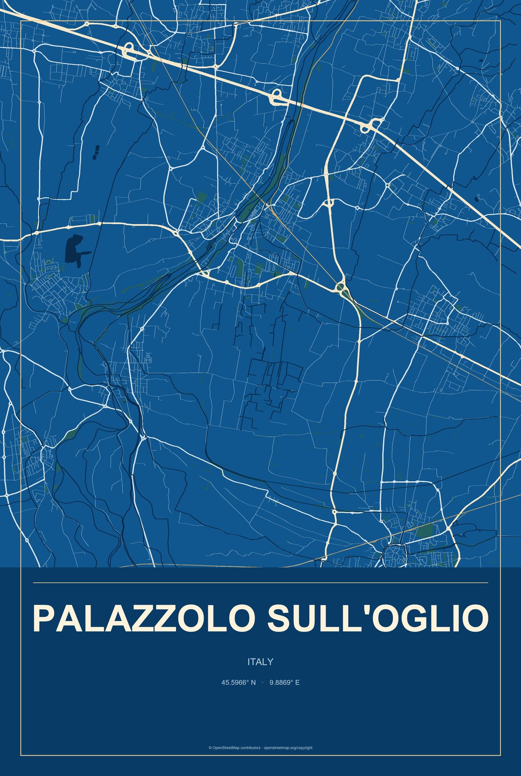 Palazzolo sull'Oglio, Italy City Map Aluminum Sign in Harbor Cobalt style