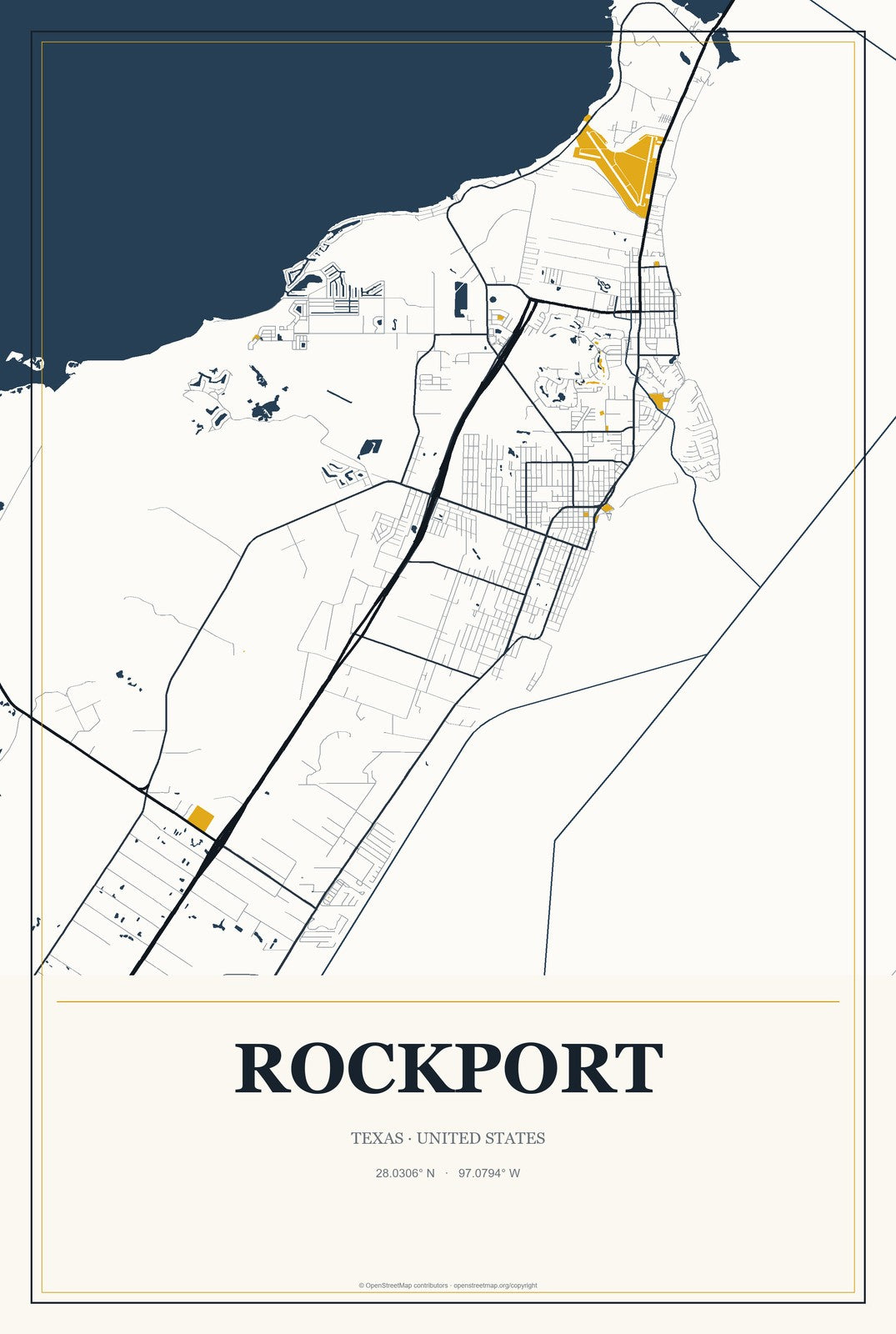 Rockport, Texas City Map Aluminum Sign in Citrine Modern style