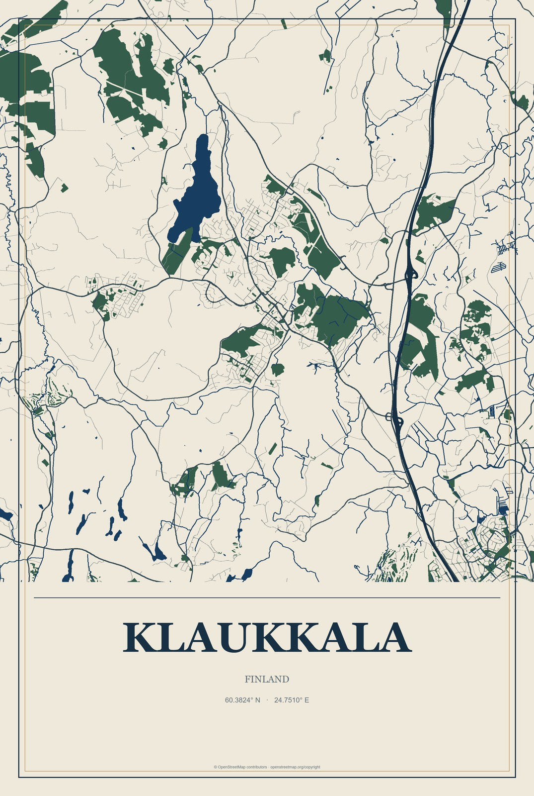 Klaukkala, Finland City Map Aluminum Sign in Coastal Cutout style