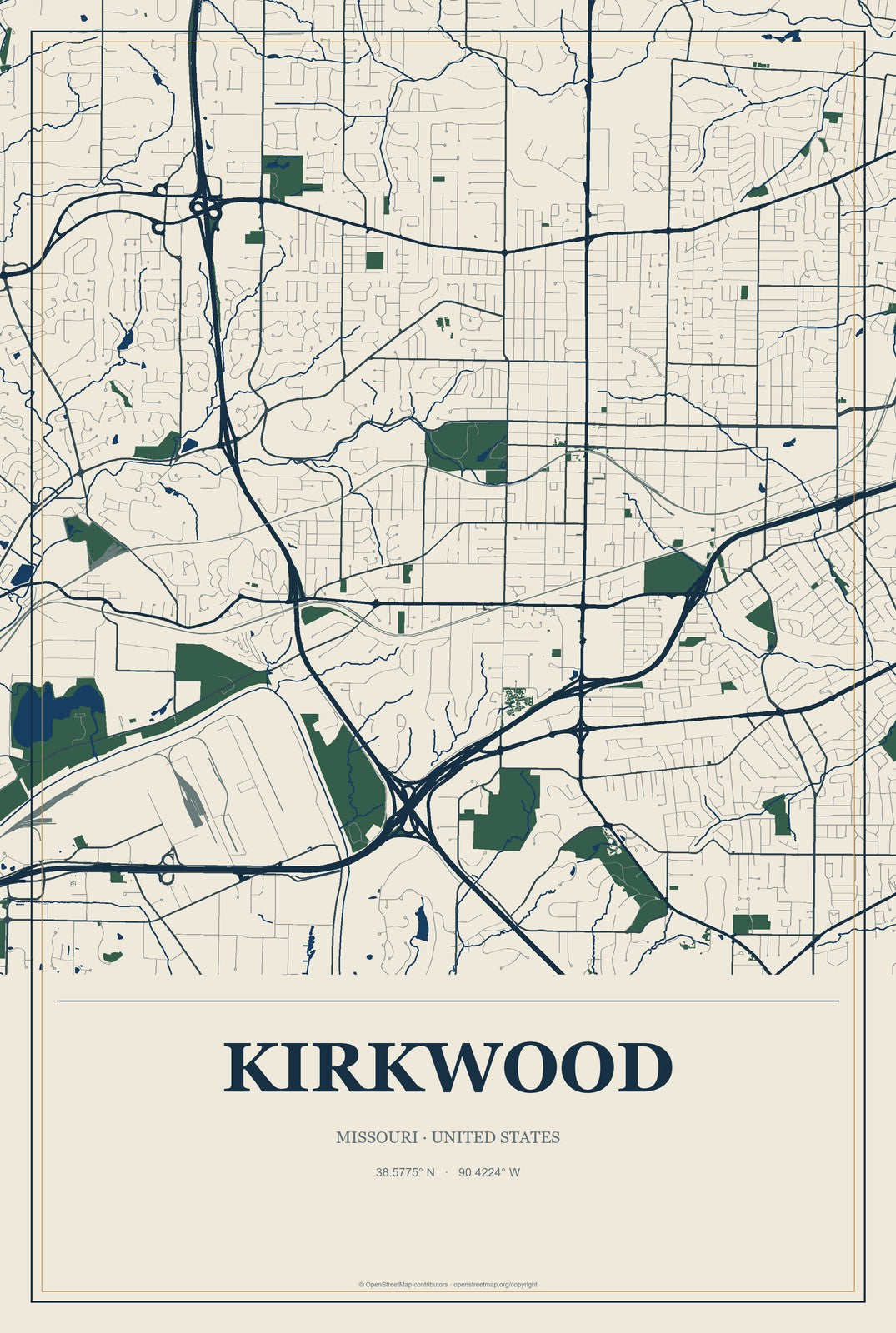 Kirkwood, Missouri City Map Aluminum Sign in Coastal Cutout style