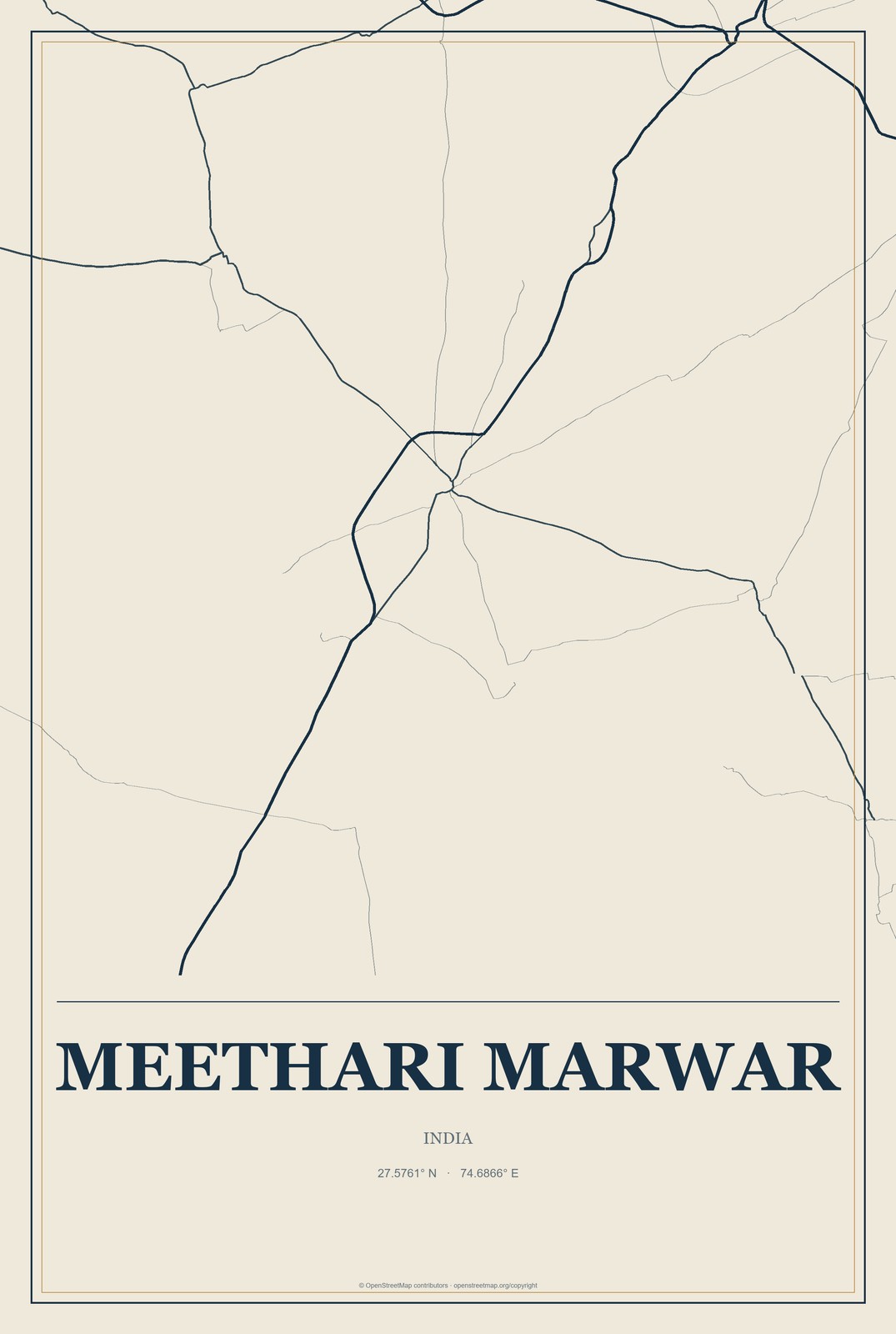 Meethari Marwar, India City Map Aluminum Sign in Coastal Cutout style