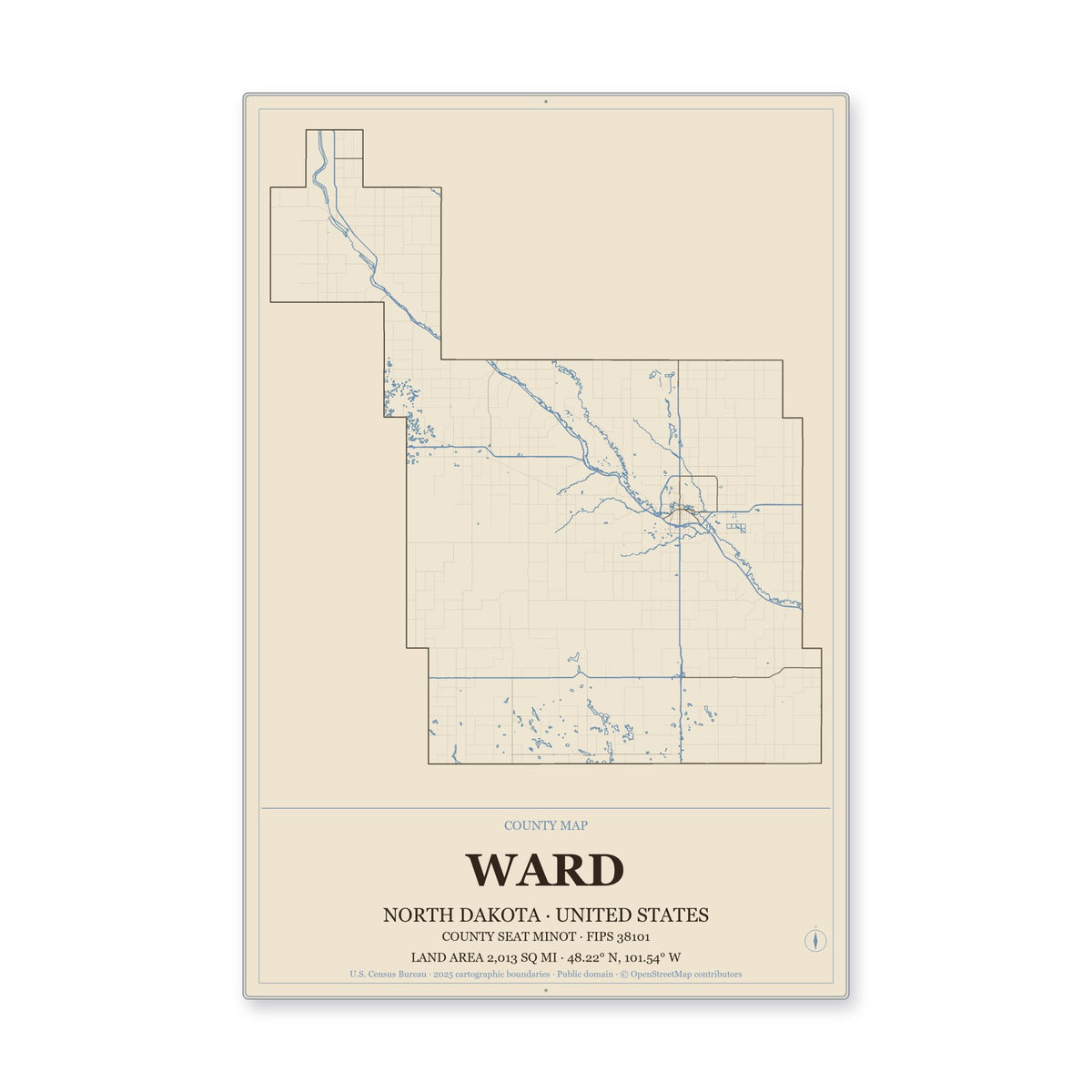 Ward County, North Dakota Map Aluminum Sign in Heritage Nautical style
