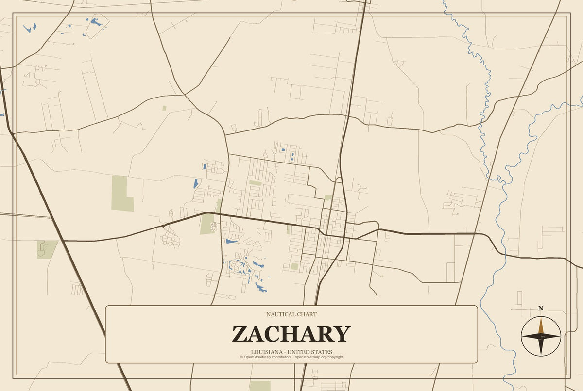 Zachary, Louisiana City Map Aluminum Sign in Heritage Nautical style