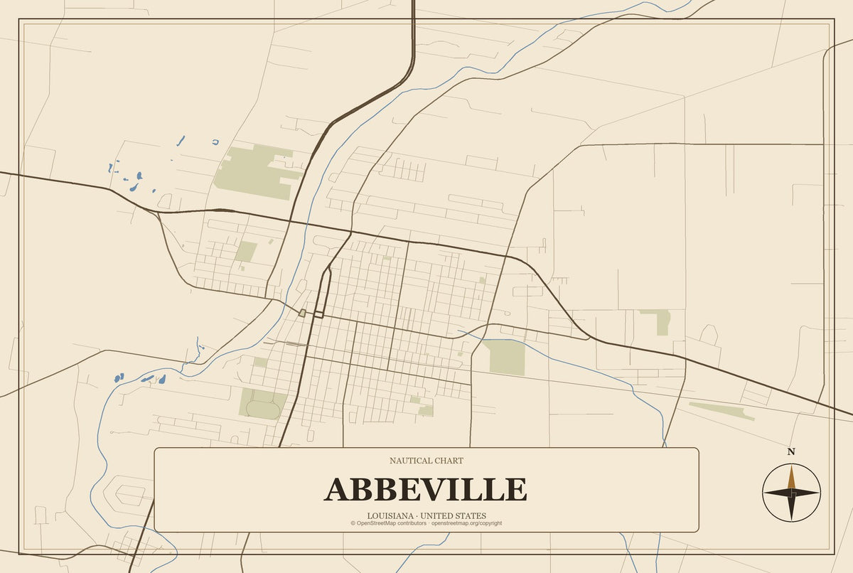 Abbeville, Louisiana City Map Aluminum Sign in Heritage Nautical style