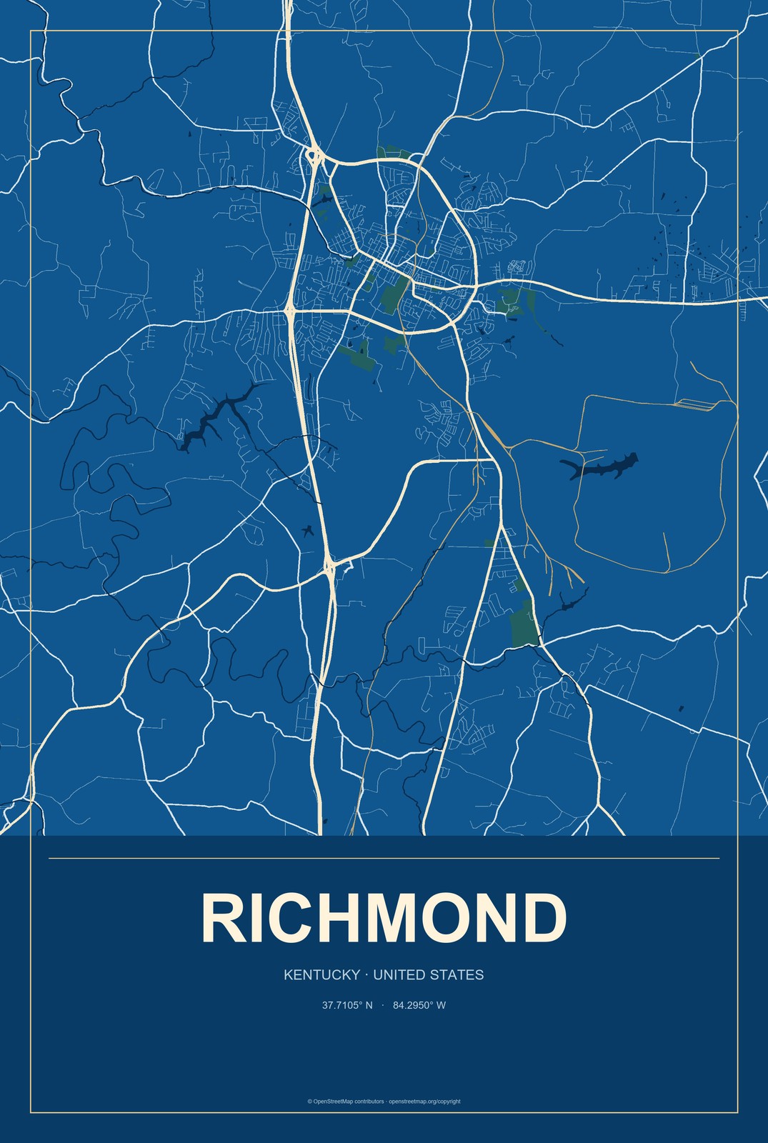 Richmond, Kentucky City Map Aluminum Sign in Harbor Cobalt style