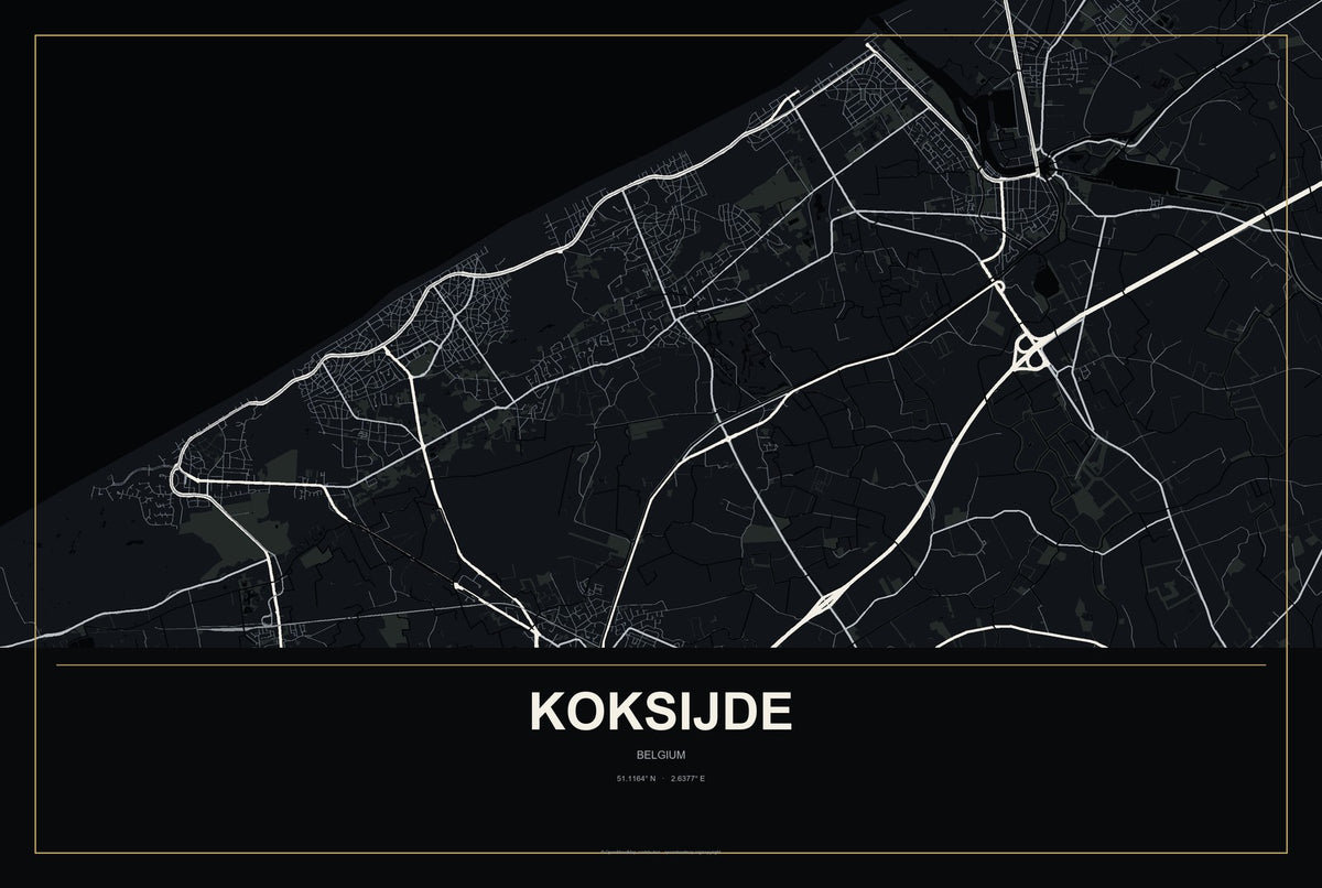Koksijde, Belgium City Map Aluminum Sign in Metropolitan Noir style