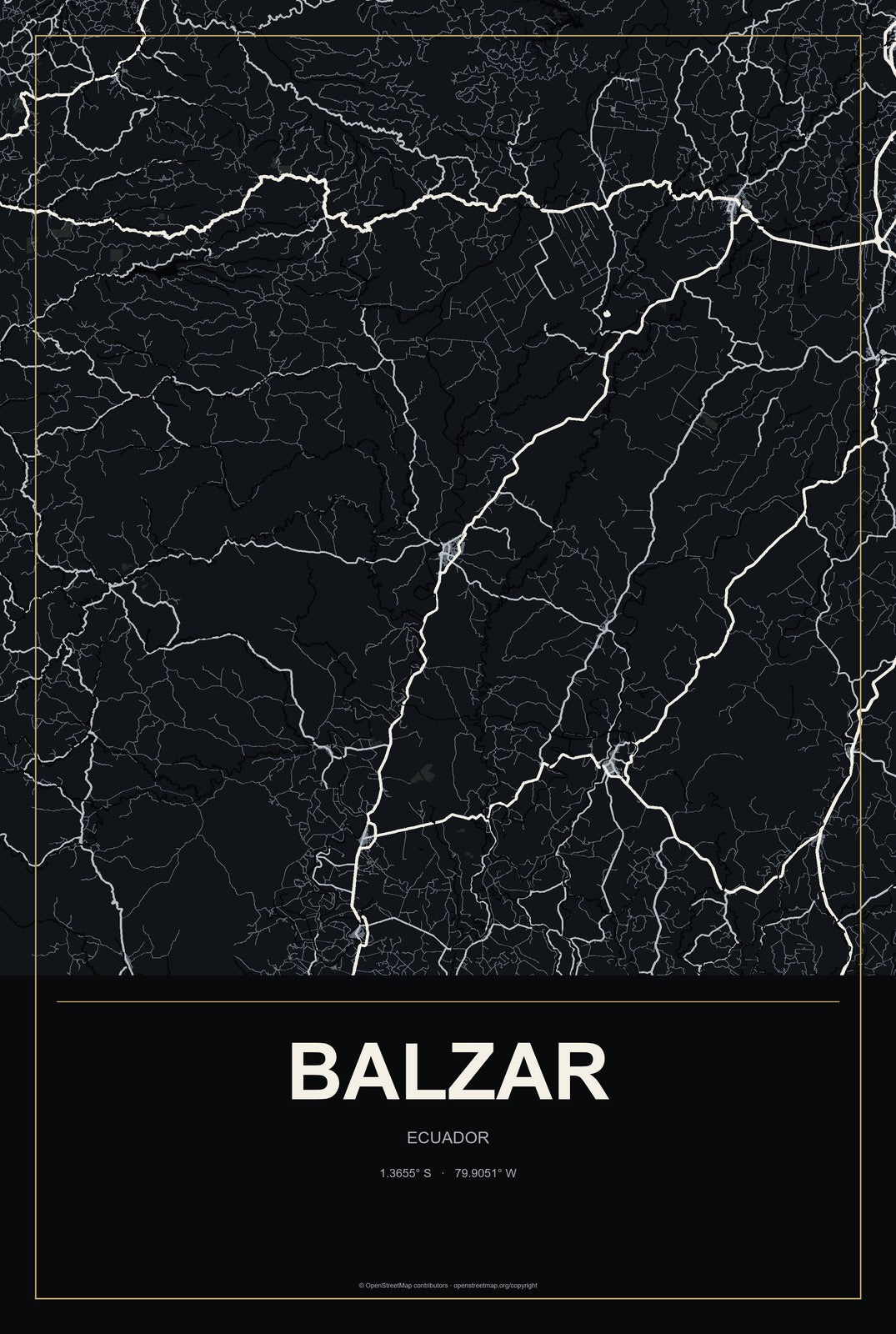 Balzar, Ecuador City Map Aluminum Sign in Metropolitan Noir style