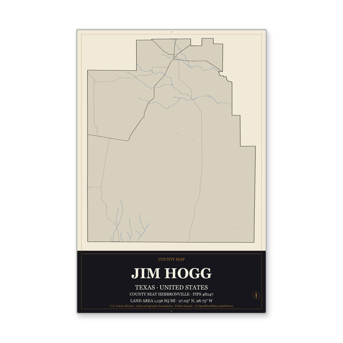 Jim Hogg County, Texas Map Aluminum Sign in Museum Plaque style